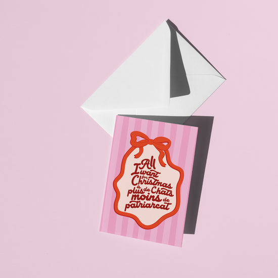 Une carte de souhait de Noël avec une petite twist féministe, pourquoi pas! Les cartes de souhaits de notre collection maison sont sans texte à l'intérieur donc parfaites pour partager autant vos mots doux que vos plus réconfortants. La carte All I want est illustrée par Émilie Hébert, co-propriétaire de la boutique Article 721 et imprimée à Québec.